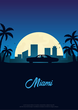 Vintage Poster with old car. Sunset at the California. Palms and City Landscape. Vector illustrationのイラスト素材