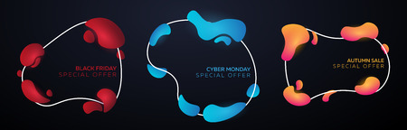 Set of Sales. Black Friday, Cyber Monday and Autumn Sale. Liquid vector colorful shapes. Abstract modern graphic elements on the dark background. Vector Illustrationのイラスト素材