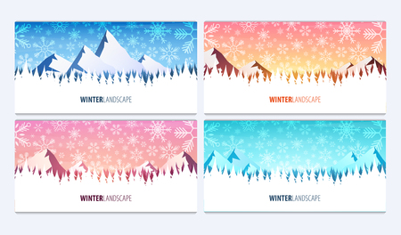 Set of Winter Landscapes. Christmas forest woods with mountains. Vector illustrationのイラスト素材