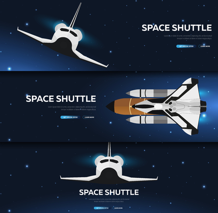 Set of Space banners. Space Shuttle. Mars, Earth, Exoplanet. Astronomical galaxy space background. Vector Illustrationのイラスト素材