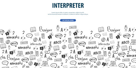 Language Translator banner with hand-draw doodle on the background. Concept of translating agency and interpretingのイラスト素材