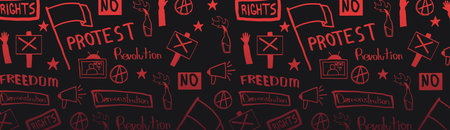 Demonstration, manifestation, protest, strike, revolution. Banner with hand-draw doodle elements on...