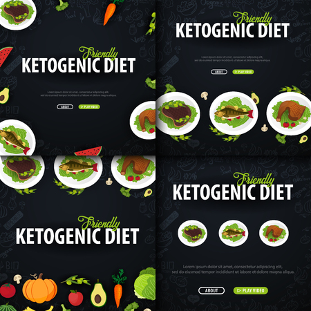 Set of Ketogenic Diet banners, Healty Keto food. Low carbs ketogenic diet food. Vector Illustrationのイラスト素材
