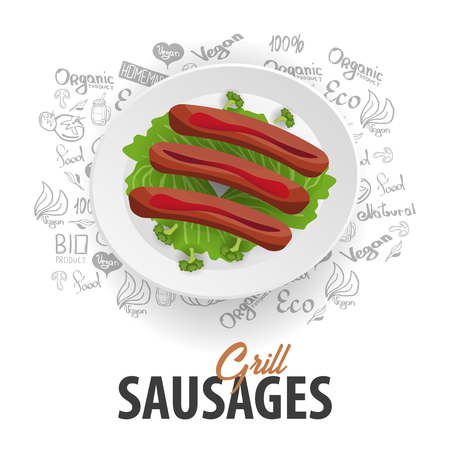 Grill Sausages Dish. Banner with hand-draw doodle elements on the background. Vector illustrationのイラスト素材