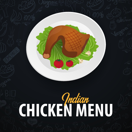 Indian Chicken Menu. Chicken Dish. Banner with hand-draw doodle elements on the background. Vector illustrationのイラスト素材