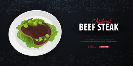 Natural Beef Steak. Meat Dish. Banner with hand-draw doodle elements on the background. Vector illustrationのイラスト素材
