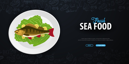 Fresh Sea food. Fish Dish. Banner with hand-draw doodle elements on the background. Vector illustrationのイラスト素材