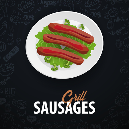 Grill Sausages Dish. Banner with hand-draw doodle elements on the background. Vector illustrationのイラスト素材