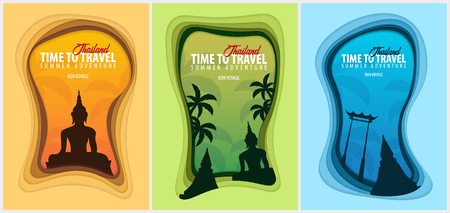 Set of Thailand banners. Time to travel. Paper cut and craft style. Vector illustrationの写真素材