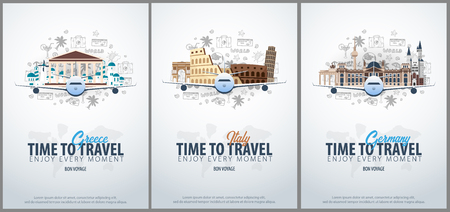 Travel to Greece, Italy and Germany. Time to Travel. Banner with airplane and hand-draw doodles on the background. Vector Illustrationのイラスト素材