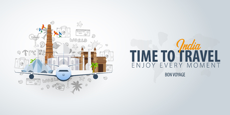 Travel to India. Time to Travel. Banner with airplane and hand-draw doodles on the background. Vector Illustrationのイラスト素材