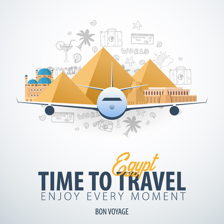 Travel to Egypt. Time to Travel. Banner with airplane and hand-draw doodles on the background. Vector Illustrationのイラスト素材