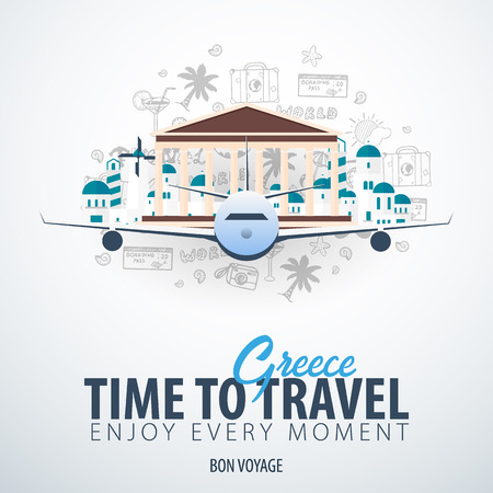 Travel to Greece. Time to Travel. Banner with airplane and hand-draw doodles on the background. Vector Illustration.のイラスト素材
