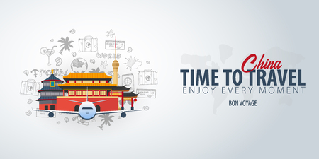 Travel to China. Time to Travel. Banner with airplane and hand-draw doodles on the background. Vector Illustrationのイラスト素材