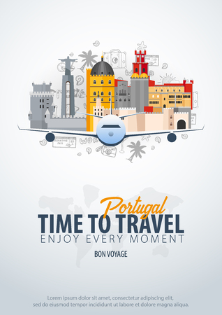 Travel to Portugal. Time to Travel. Banner with airplane and hand-draw doodles on the background. Vector Illustration.のイラスト素材