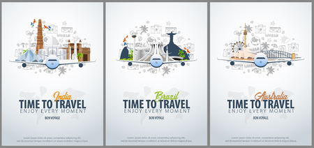 Travel to India, Brazil and Australia. Time to Travel. Banner with airplane and hand-draw doodles on the background. Vector Illustrationのイラスト素材