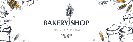 Bakery background with wheats. Linear graphic. Bread banner collection. Bread house. Vector illustration.のイラスト素材
