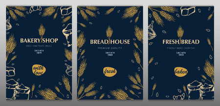 Set of Bakery backgrounds with wheats. Linear graphic. Bread banner collection. Bread house. Vector illustration.のイラスト素材