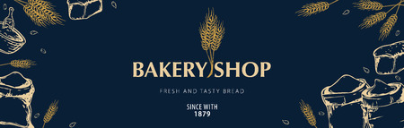 Bakery background with wheats. Linear graphic. Bread banner collection. Bread house. Vector illustration.のイラスト素材
