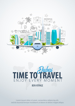 Travel to Dubai, UAE. Time to Travel. Banner with airplane and hand-draw doodles on the background. Vector Illustration