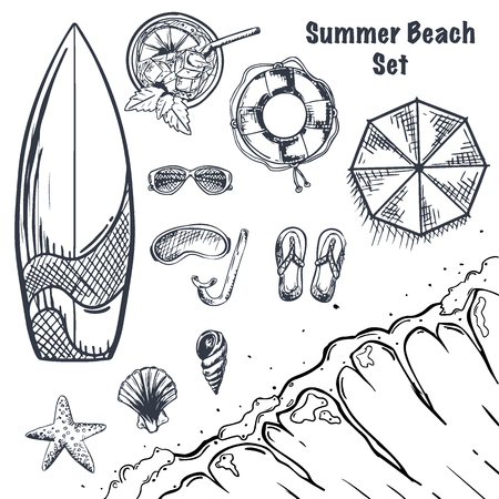 Set of Summer Beach hand draw sketches. Wave, surfboard, drink, sunglass, seashells, starfish. Top view. Vector Illustration.のイラスト素材