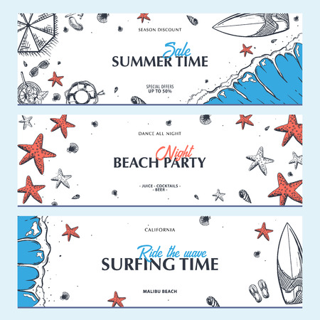 Summer Beach background. Sea Holiday. Linear graphic. Engraved top view illustration. Wave, surfboard, seashells, starfish. Top view. Vector Illustration.のイラスト素材