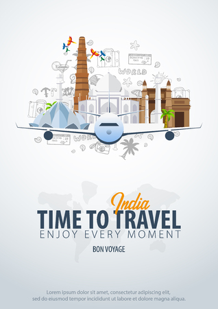 Travel to India. Time to Travel. Banner with airplane and hand-draw doodles on the background. Vector Illustrationのイラスト素材