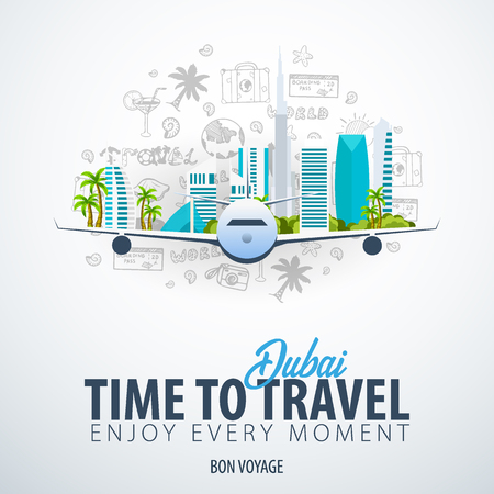 Travel to Dubai, UAE. Time to Travel. Banner with airplane and hand-draw doodles on the background. Vector Illustrationのイラスト素材