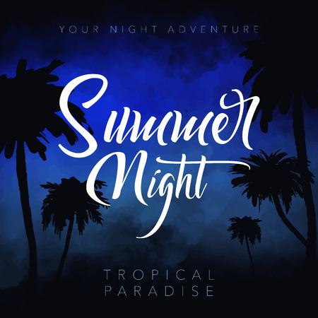 Summer night. Tropical background with palms, sky and sunset. Summer Time.のイラスト素材