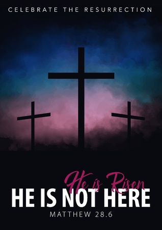 He is risen. Christian easter scene. Saviours cross on dramatic sunrise scene.のイラスト素材