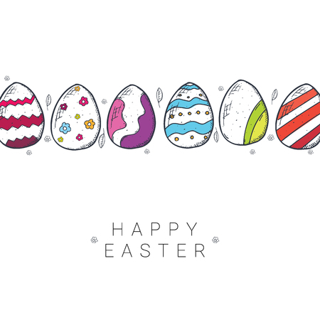 Happy Easter background with traditional sketches decorations. Easter greeting with colored eggs, rabbit.のイラスト素材