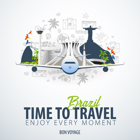 Travel to Brazil. Time to Travel. Banner with airplane and hand-draw doodles on the background. Vector Illustration.のイラスト素材