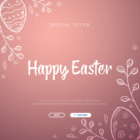 Happy Easter banner. Easter Eggs. Doodle hand draw background. Vector illustration.のイラスト素材