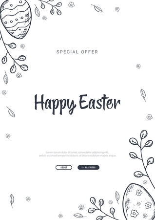 Happy Easter background with traditional sketches decorations. Easter greeting with colored eggs, rabbit.のイラスト素材