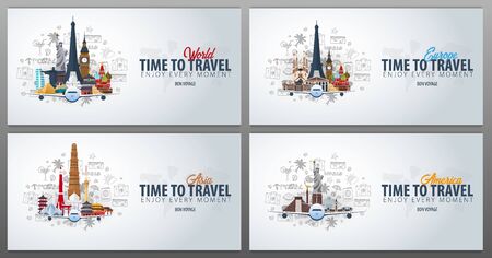 Travel to Europe, Asia and America. Time to Travel. Banner with airplane and hand-draw doodles on the background. Vector Illustration.のイラスト素材