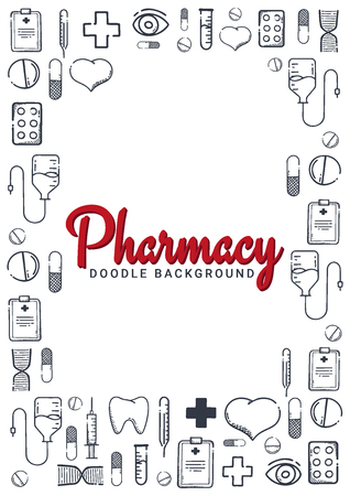Pharmacy and Medical banner with doodle background. Pills, Vitamin tablets, medical drug. Vector Illustration.のイラスト素材