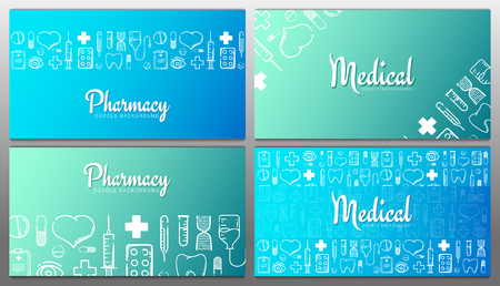 Set of Pharmacy and Medical banners with doodle background. Pills, Vitamin tablets, medical drug. Vector Illustration.のイラスト素材
