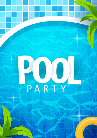 Summer pool party poster template. Water and palms, inflatable yellow mattress. Vector illustrationのイラスト素材