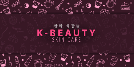 Korean cosmetics. K-Beauty banner with hand draw doodle background. Skincare and Makeup. Translation - Korean Cosmetics. Vector Illustration.のイラスト素材
