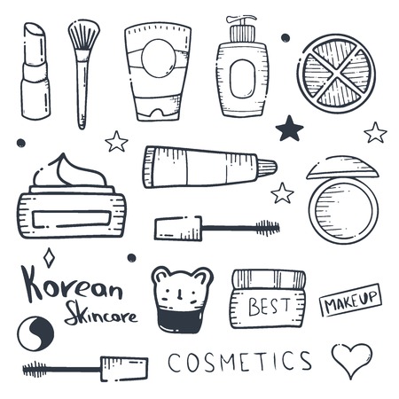 Korean cosmetics. K-Beauty banner with hand draw doodle background. Skincare and Makeup. Vector Illustration.のイラスト素材