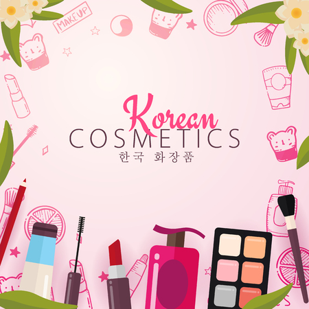 Korean flat cosmetics. K-Beauty banner with hand draw doodle background. Skincare and Makeup. Vector Illustrationのイラスト素材