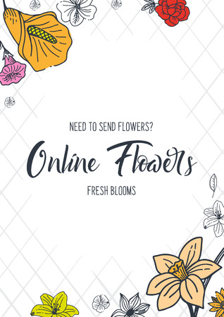 Sketches of flowers on a white background. Floral banner. Vector illustrationのイラスト素材