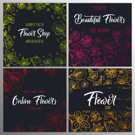 Set of Sketches of flowers on a dark backgrounds. Floral banner. Vector illustration.のイラスト素材