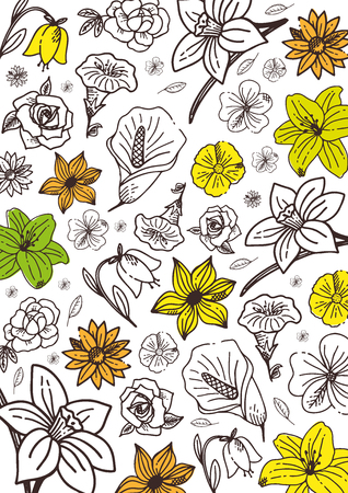 Sketches of flowers on a white background. Floral banner. Vector illustrationのイラスト素材