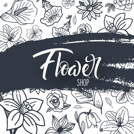 Sketches of flowers on a white background. Floral banner. Vector illustrationのイラスト素材