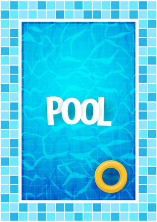 Summer pool party poster template. Water and palms, inflatable yellow mattress. Vector illustrationのイラスト素材
