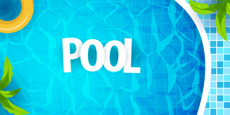 Summer pool party poster template. Water and palms, inflatable yellow mattress. Vector illustrationのイラスト素材