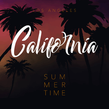 California. Summer tropical background with palms, sky and sunset. Summer Timeのイラスト素材