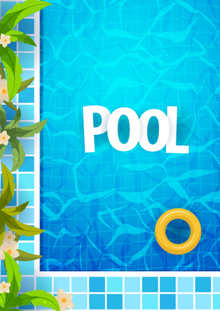 Summer pool party poster template. Water and palms, inflatable yellow mattress. Vector illustrationのイラスト素材