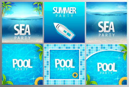 Summer posters. Sea, pool and summer party. Vector illustration with deep underwater ocean sceneのイラスト素材